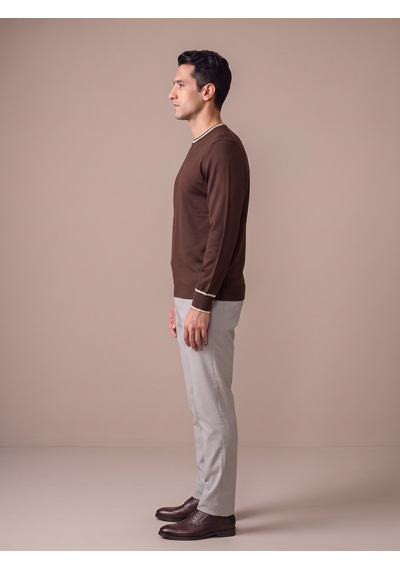 Maccali Erkek Koyu Kahve Kontrast Şeritli Bisiklet Yaka Triko Sweatshirt