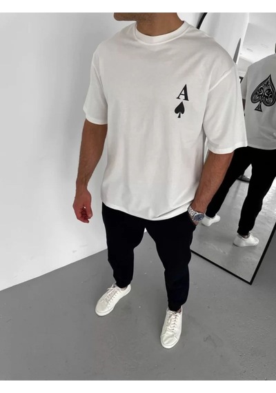 Unisex Bisiklet Yaka Baskılı Oversize T-shirt