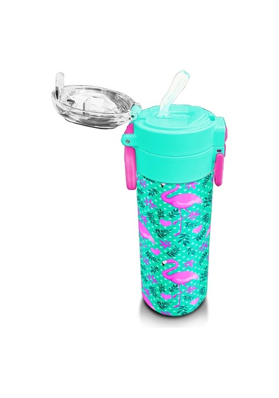 Coral High Kids Su Yeşili Pembe Flamingo Desenli Pipetli Ve Direkt İçim Çelik Termos 500 Ml 31926 Su Yeşili - Pembe