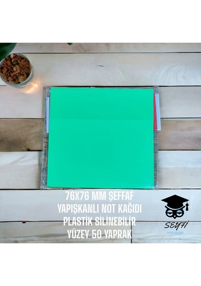 Yeşil 76x76 Mm Şeffaf Yapışkanlı Not Kağıdı Plastik Silinebilir Yüzey 50 Yaprak