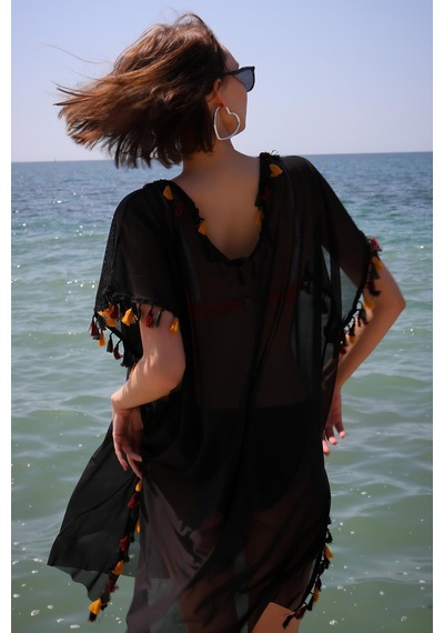 Modi Moda Çizgi Kadın İşlemeli Tunik Pareo Plaj Elbisesi Siyah 38045