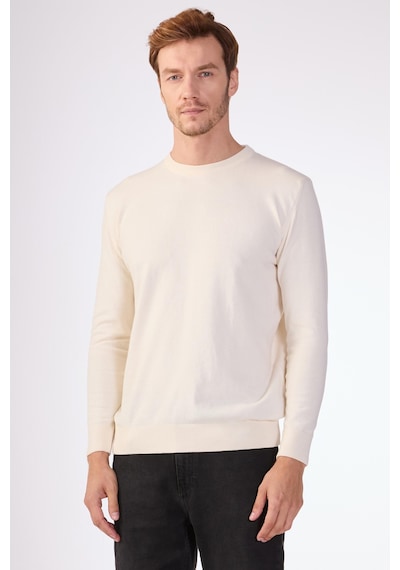 Dufy Ekru Bisiklet Yaka %100 Pamuk Düz Renk Slim Fit Erkek Triko Ekru