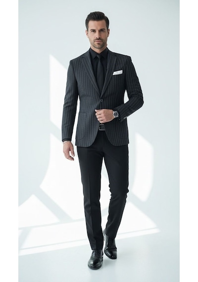Plus Scorpion Erkek Slim Fit Siyah Çizgili Blazer Ceket Tek Düğmeli, Çift Yırtmaçlı, Torba Cepli Siyah Plus Scorpion Erkek Slim Fit Siyah Çizgili Blazer Ceket Tek Düğmeli, Çift Yırtmaçlı, Torba Cepli Siyah