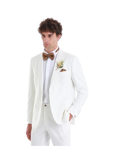 Hatemoğlu Beyaz Slim Fit Düz Çıkma Şal Yaka Smokin Damatlık 33122124c002 001 Beyaz