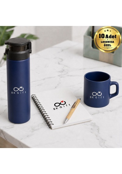 Logonuza Özel 10 Adet Ahşap Kutulu Mor Kurumsal Hediye Seti Cam Suluk, Seramik Fincan, Defter Ve Kalemli Promosyon Seti