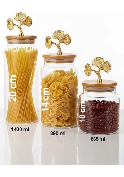 3'lü Bambu Kapaklı Metal Ginkgo Figürlü Şeffaf Cam Kavanoz Şeffaf Cam Saklama Kabı 635/890/1400ml Çok Renkli