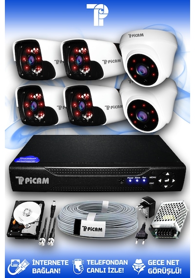 Picam 6 Kameralı Panda 2 İç Kamera Set 2 TB HDD Full HD Gece Görüşlü Güvenlik Kamerası Sistemi