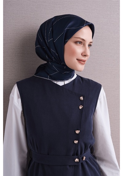 Armine Tivil Saf İpek Eşarp 9642 31 Lacivert Çizgi Desen