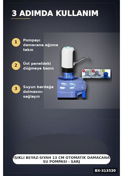 Şarjlı 304 Paslanmaz Çelik Damacana Su Pompası - Usb Şarjlı Otomatik Sebil, Mutfak İçin Bx-313530 Renkli