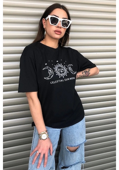 Startmore Bisiklet Yaka Siyah Ay Baskılı Oversize Siyah