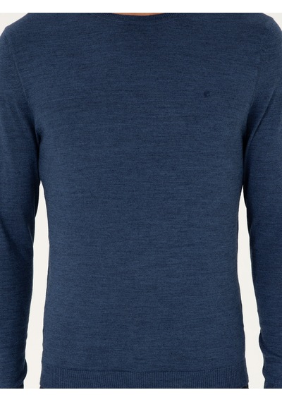 Cacharel İndigo Slim Fit Yün Karışımlı Bisiklet Yaka Basic Triko Kazak Mavi