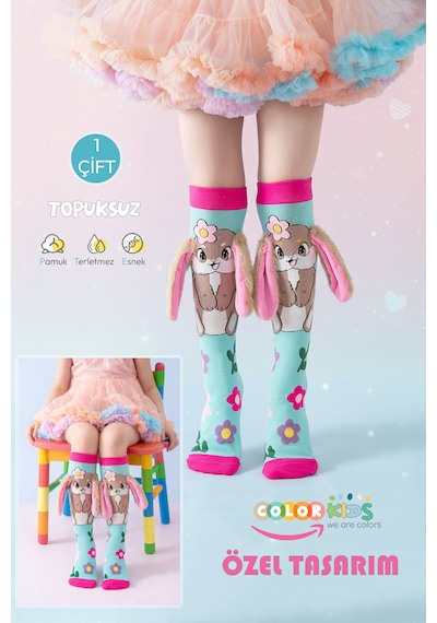 Color Socks 1 Çift Tavşan Peluş Kulaklı Kız Çocuk Çorap Topuksuz Turkuaz