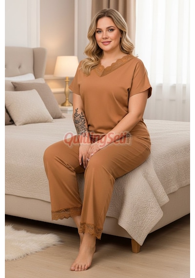 Lady Kahverengi Renk B-630 Pamuklu Ve Dantel Detaylı, Büyük Beden Anne Pijama Takımı