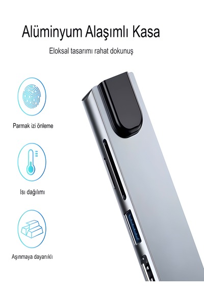 8in1 Aluminium Pd100w Hızlı Şarj Çoklayıcı Çevirici 4k 1xethernet 1xhdm 2xusb 2xtype-c Tf/sd Usb Gri