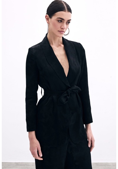Sateen Bağlamalı Jakarlı Ceket - Siyah-135778 Siyah