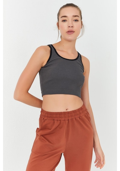 Tommy Life Antrasit Basic Sıfır Kol Dar Kalıp U Yaka Kadın Crop Top Atlet - 97160 Antrasit