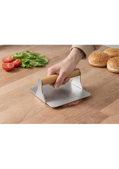 304 Paslanmaz Çelik Kare Burger Presi / 12 Cm Ahşap Saplı Smasher / 3 Mm Kalın Paslanmaz Çelik Gövde / Izgara Ve B