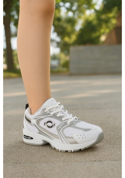 Mini Günlük Unisex Beyaz Siyah Sneaker Kaymaz Yüksek Taban Desenli Triko Bağcıklı Koşu Spor Ayakkabı Beyaz - Gümüş
