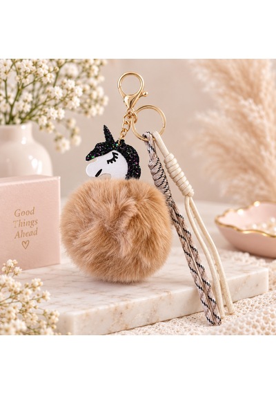 Kahverengi - Siyah Unicorn Ponponlu Çanta Charmı