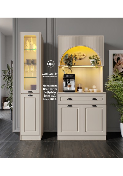 Siena Kum Beji Midi Sol Vitrinli 130 Cm Komple Mdf Led Aydınlatmalı Kahve Köşesi