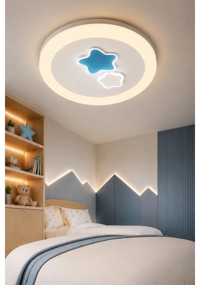 Modern Premium 3 Renkli Ledli Tavan Plafonyer Avizesi Yıldız Desenli 50 Cm Çocuk Odası Şık 100w Beyaz