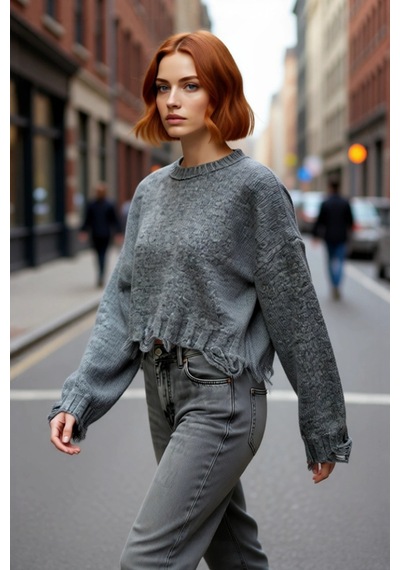 Ersefa Kadın Casual Crop Oversize Bisiklet Yaka Triko Kazak Düşük Kol Ak Antrasit