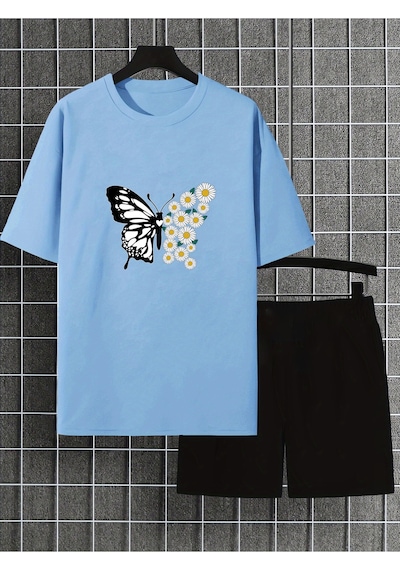 Uyguntarz Unisex Papatyakelebek Tasarım Basklı Tshirt Eşofman Takımı Bebe Mavi