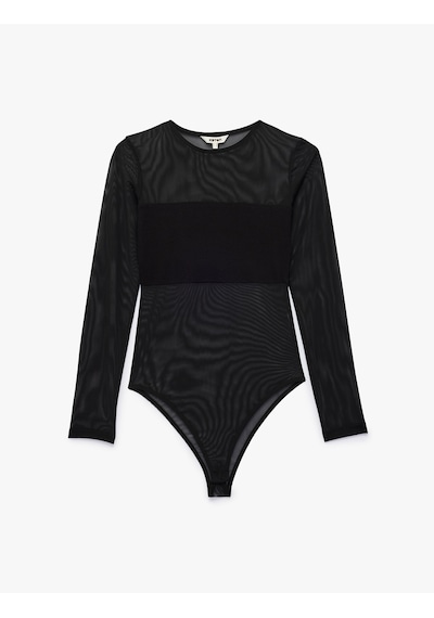Koton Slim Fit Uzun Kollu Bisiklet Yaka Transparan Tül Bodysuit Siyah 6sak80274ek