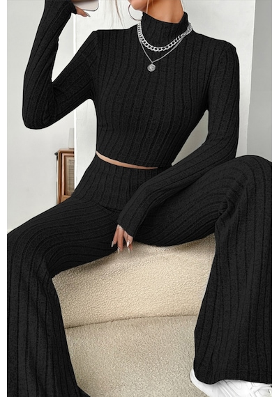 Angbutik Kadın Siyah Boğazlı Crop Top Ve Yüksek Bel Eşofman Takımı Spor Şık Kombin