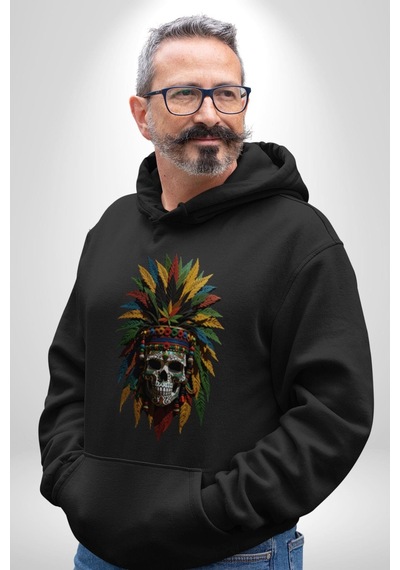 Kurukafa İskelet Kızılderili Tüy Kartal Şefi Kadın Erkek Siyah Kapüşonlu Sweatshirt Hoodie Siyah