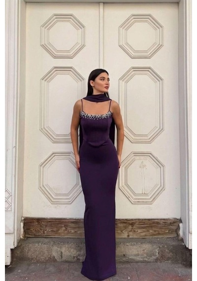 Lior Design Kadın Modern Tasarım Scuba Esnek Kumaş Straplez Balık Kesim Abiye Elbise Mor