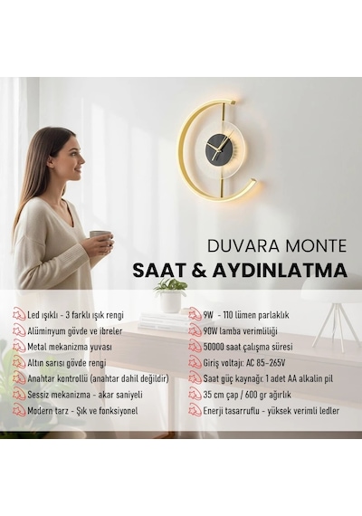 Upway 3 Renk Led Aydınlatmalı 35 Cm Modern Dekoratif Duvar Saati Sessiz Çalışma Altın
