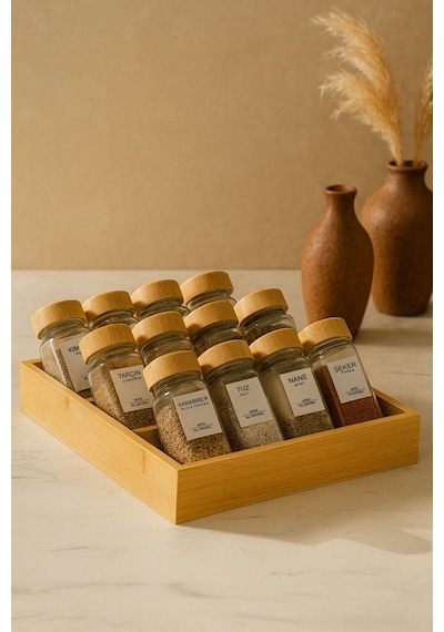 13 Parça Bambu Standlı Cam Baharatlık Seti 120 Ml - 12'li + 1 Standlı Baharatlık Takımı Şeffaf