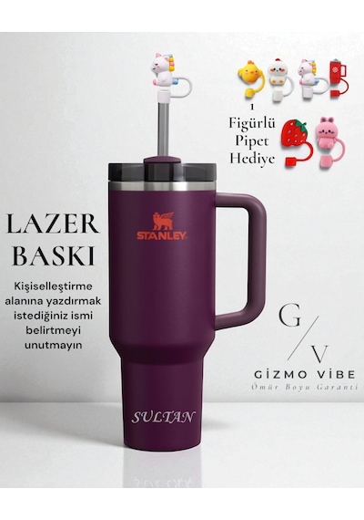 Stanley Kişiselleştirilebilir Quencher Pipetli Paslanmaz Çelik Vakum Yalıtımlı Termos Bardak 1.18 L Özel İsimli Mor