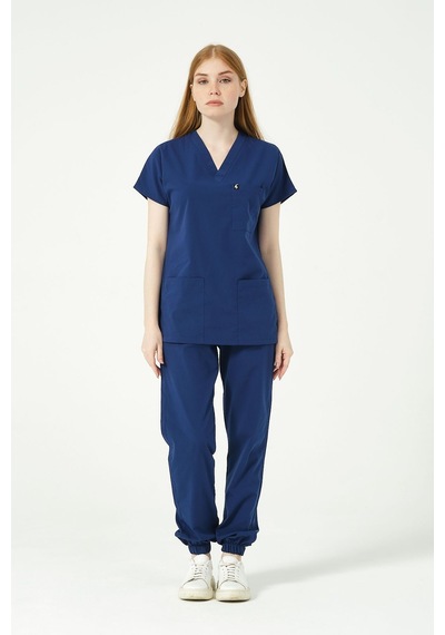 Saks Mavi Likralı Scrubs Jogger Paça Doktor Hemşire Forması Yarasa Kol Takım Unisex