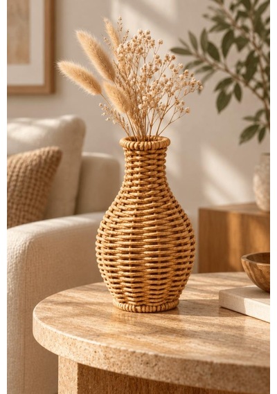 Atbyhome Doğal Hasır Rattan Amfora Çiçek Vazosu 16 Cm - Masa Üstü Dekoratif El Örgüsü Kuru Çiçeklik Vazo Kahverengi