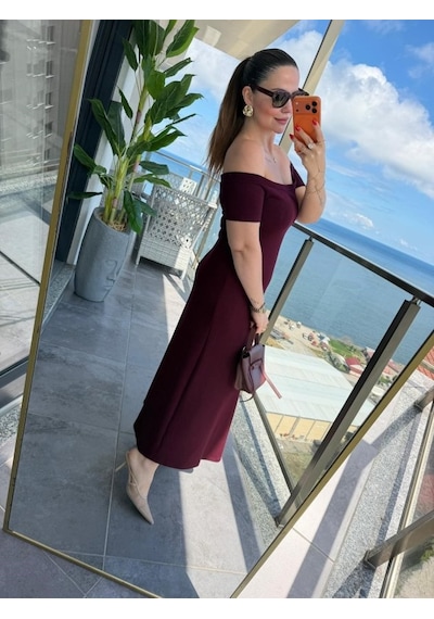 De'charme Kadın Madonna Yaka Midi Boy Modal Elbise Bordo