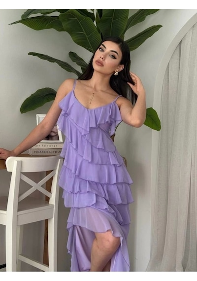 Defymoda Ples Yırtmaç Detaylı Elbise Lila