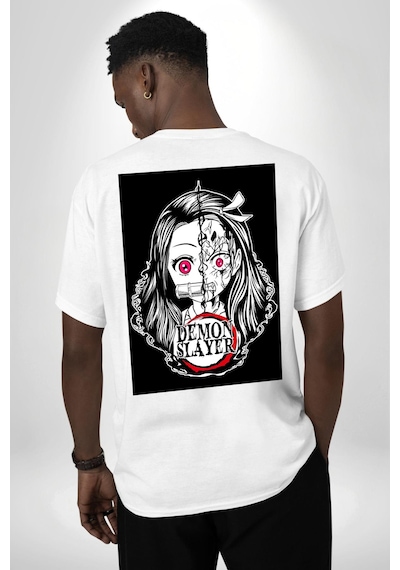 Anime Demon Slayer Beyaz Oversize Unisex Ön Ve Sırt Baskılı Tişört Beyaz