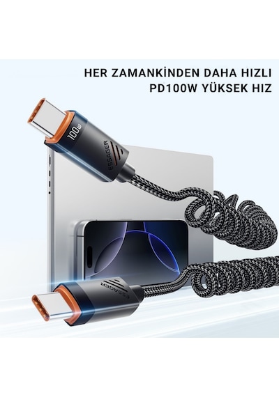 Essager Pd 100w Type-c To Type-c 1.8m Yaylı Spiral Data Ve Hızlı Şarj Kablosu, Kopmaz, Karışmaz Kablo