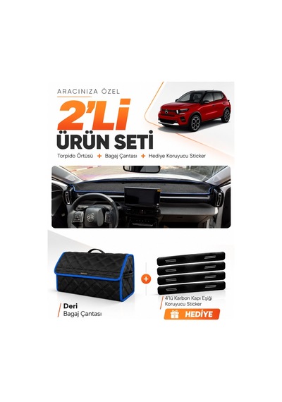 Cıtroen C3 Aırcross 2017-2021 Uyumlu Torpido Örtüsü + Deri Bagaj Çantası + Sticker - Siyah Mavi