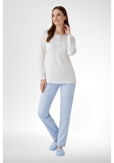 Mecit Pijama Mecit 6361 Mavi %100 Pamuk Büyük Beden Kadın Pijama Takımı