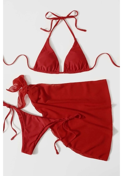 Angelsin Pareolu Bağlamalı 3'lü Bikini Takım Set Çıkartılabilir Kaplı Kırmızı