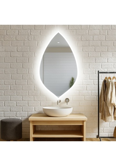 70x120 Cm Damla Form Led Ayna Dokunmatik, Dim Edilebilir, 6500 Beyaz Işık Modern Duvar Aynası Beyaz