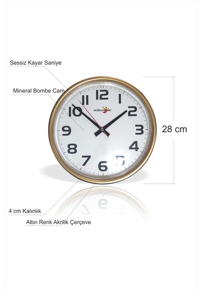 Altın Sarı Renk 28 Cm Bombe Camlı Sessiz Kayar Saniye Duvar Saati Altın