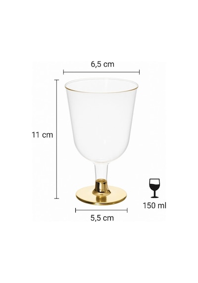 6'lı Gold Base Plastik Şarap Bardağı Düğün, Davet, Organizasyon, Parti İçin Dayanıklı 150 Ml