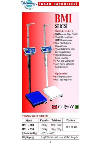 Bmı 200 KG x 50 Gr 35 x 40 Bmı Kilo-Boy Ölçer Baskül