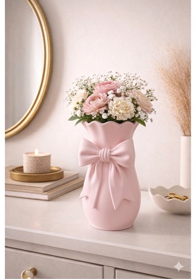 3d Baskı Fiyonklu Dekoratif Vazo Pembe 17x10 Cm Pembe