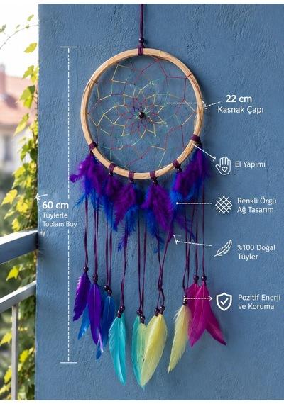 Renkli Tüylü Bambu Düş Kapanı 22 Cm Kasnak 60 Cm El Yapımı Duvar Süsü