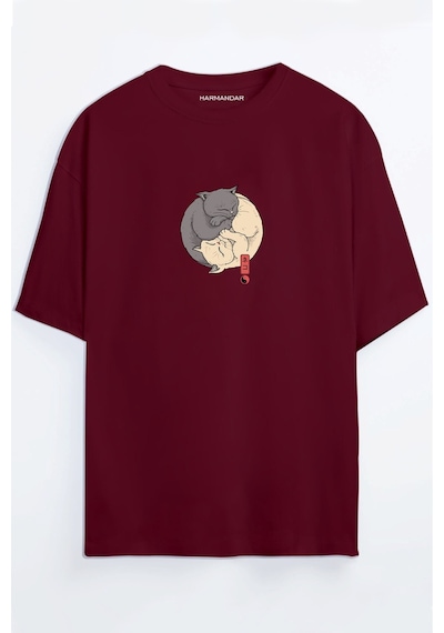 Ying Yang Kedi Baskılı Unisex Siyah Oversize T-shirt Bordo
